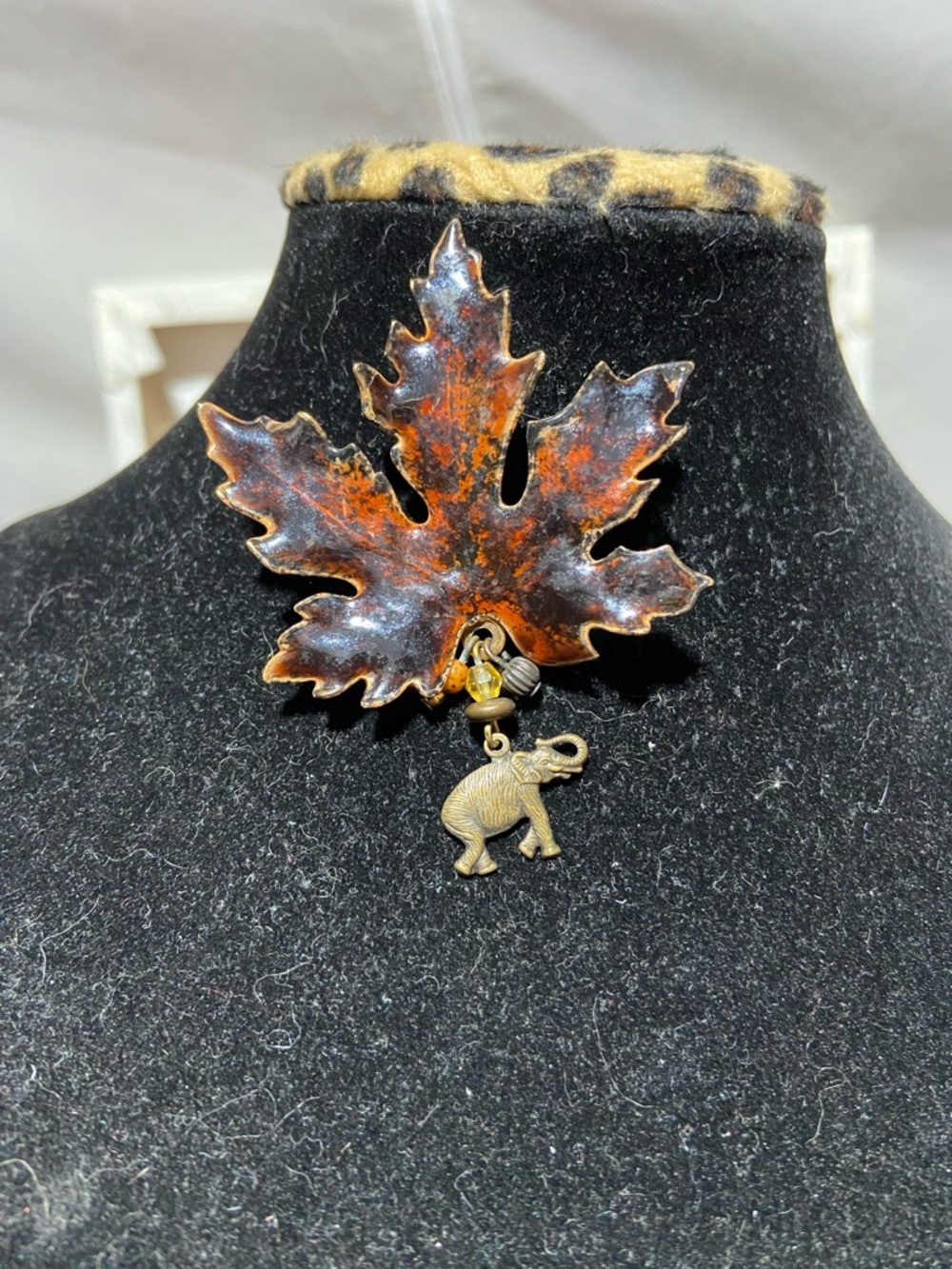 Copper-Tone Maple Leaf Brooch with Elephant Charm - Brown